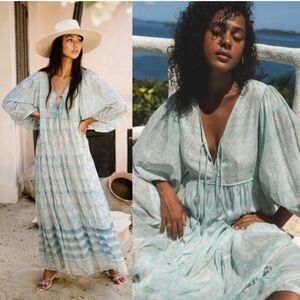 Daughters of India Jasmine hand block printed dress sea mist blue NWT Small